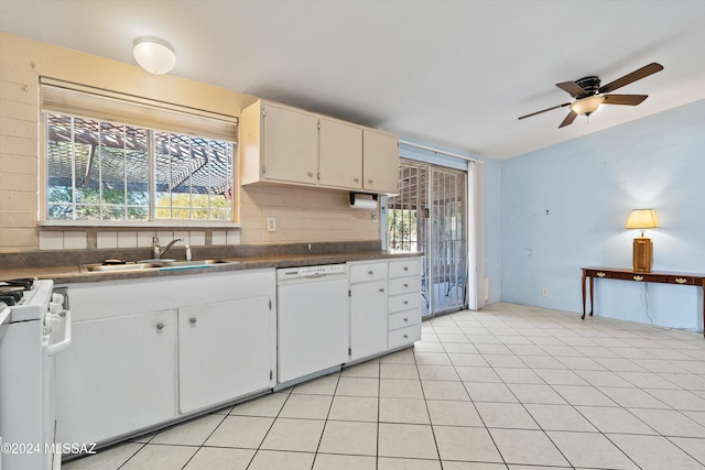 kitchen with ceiling fan, sink, a wealth of natural light, and white appliances