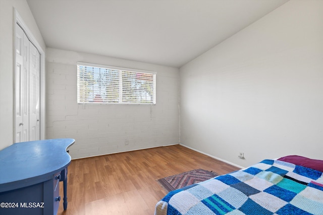 bedroom with lofted ceiling, wood-type flooring, and a closet