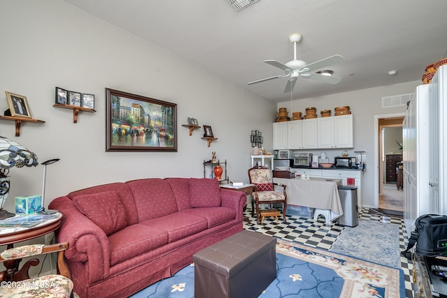 living room featuring ceiling fan