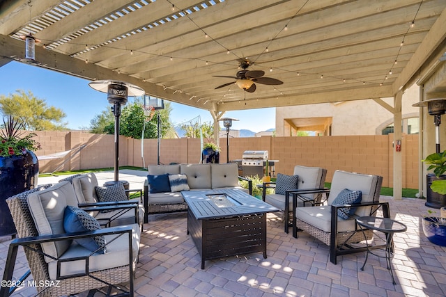 view of patio / terrace featuring an outdoor living space, ceiling fan, grilling area, and a pergola