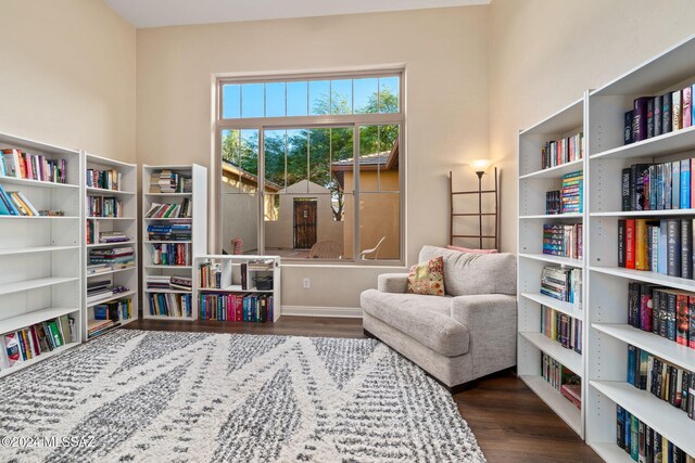 sitting room with dark wood-type flooring