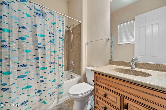1220 W Calabria Ct, Tucson, AZ 85755 - full bathroom with toilet, shower / bath combo with shower curtain, tile patterned floors, and vanity
