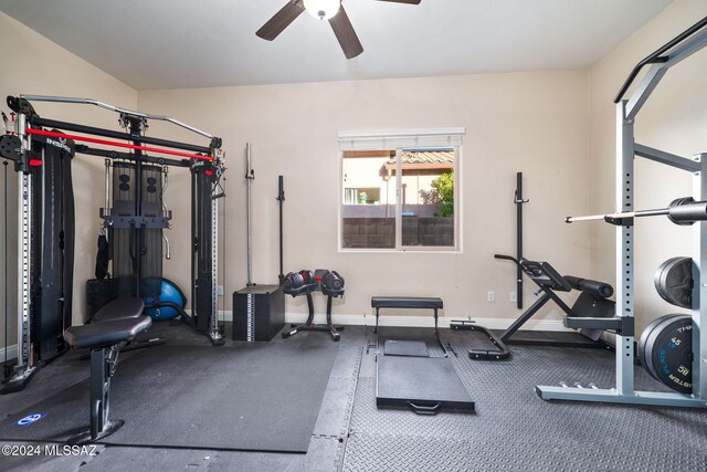 exercise room featuring ceiling fan