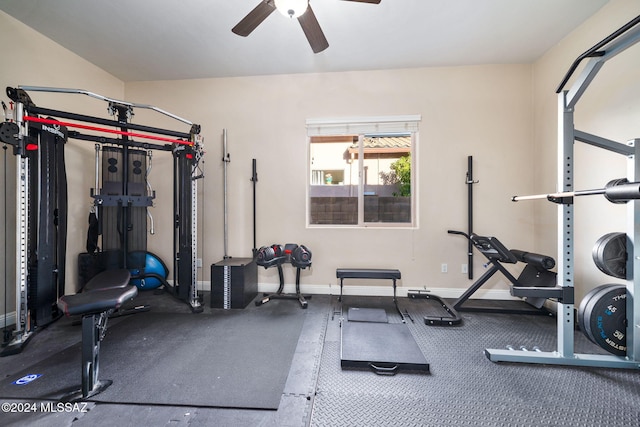 1220 W Calabria Ct, Tucson, AZ 85755 - exercise area featuring a ceiling fan and baseboards