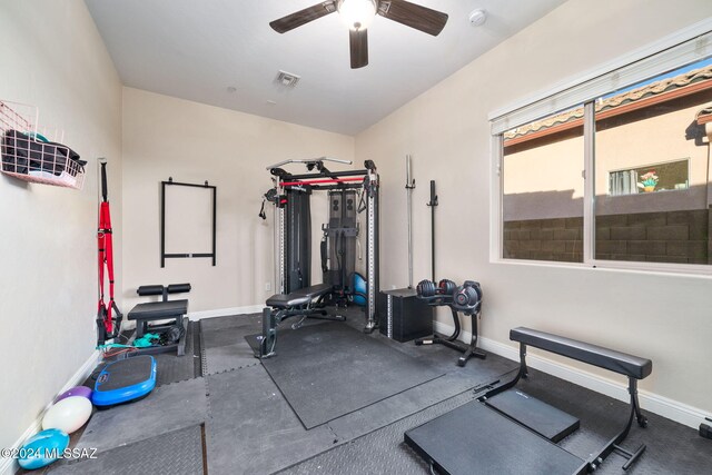 workout room featuring ceiling fan