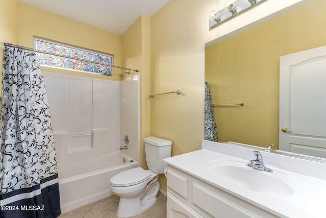 full bathroom with shower / bathtub combination with curtain, tile patterned flooring, vanity, and toilet