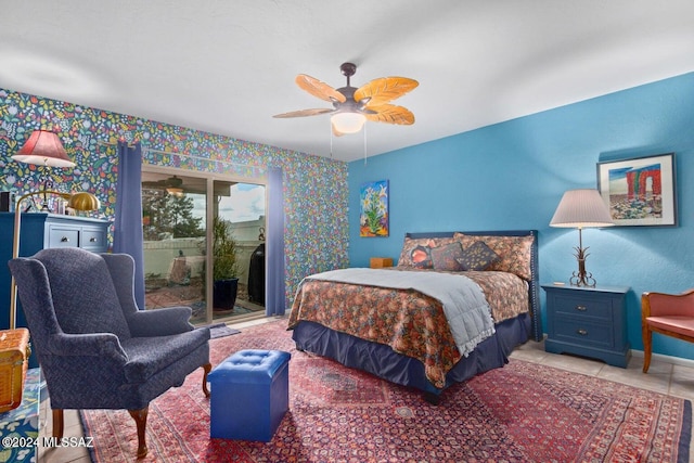 tiled bedroom featuring access to exterior and ceiling fan