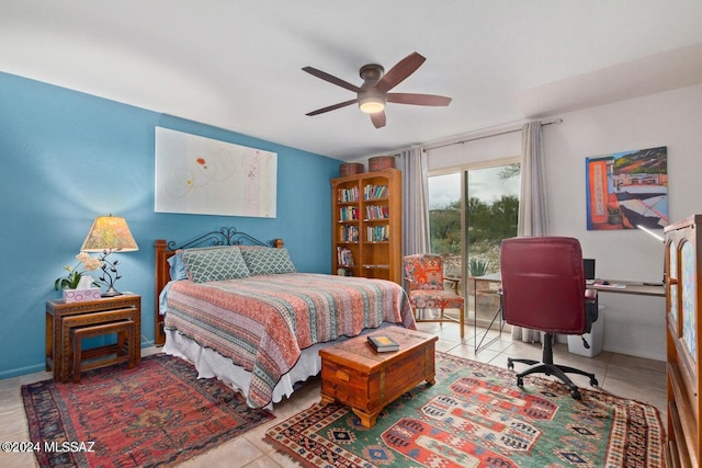 bedroom featuring light tile patterned floors, access to outside, and ceiling fan