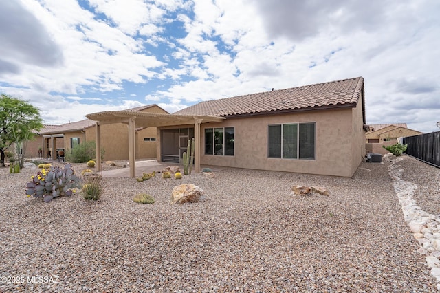 59855 E Juniper Rd, Oracle, AZ 85623 - rear view of house with a pergola, stucco siding, a patio area, and a tiled roof