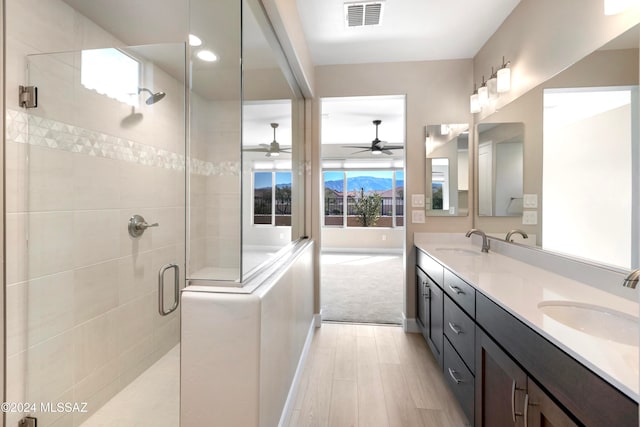 bathroom featuring vanity, wood-type flooring, and a shower with shower door