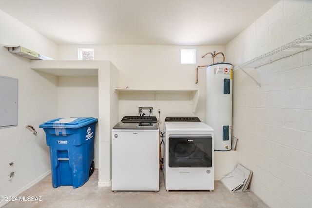 laundry room with water heater and washer and clothes dryer