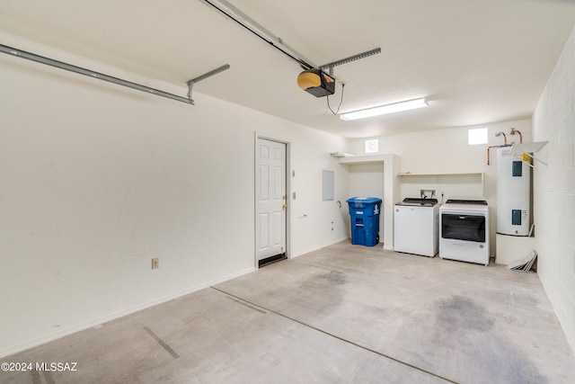 garage featuring a garage door opener, electric panel, water heater, and washing machine and clothes dryer