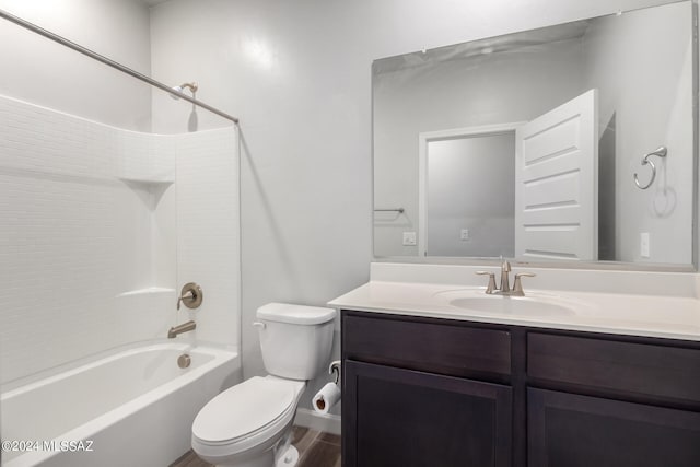 full bathroom with toilet, bathtub / shower combination, vanity, and wood-type flooring