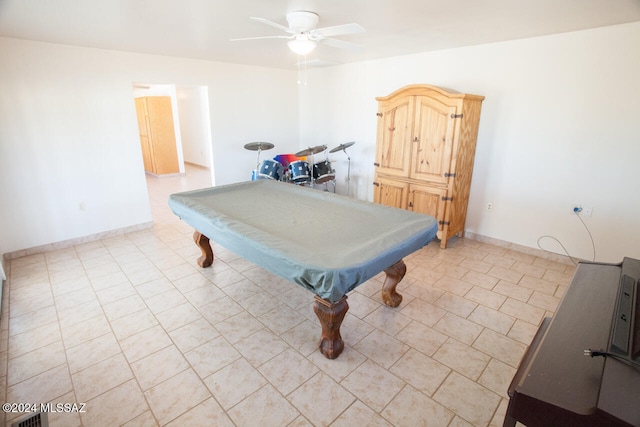 recreation room with light tile patterned floors, ceiling fan, and billiards