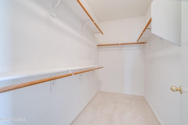 walk in closet featuring light colored carpet