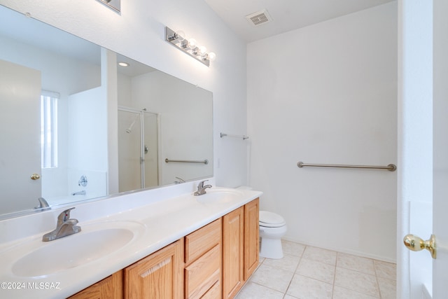 full bath with visible vents, a shower stall, toilet, and a sink