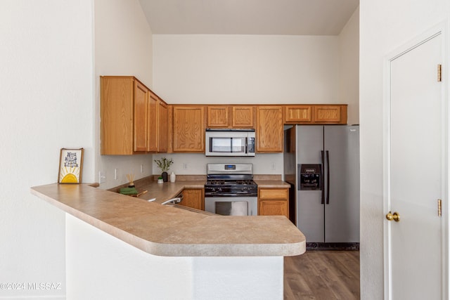 kitchen featuring appliances with stainless steel finishes, kitchen peninsula, and dark wood-type flooring