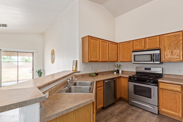 kitchen featuring lofted ceiling, dark hardwood / wood-style floors, kitchen peninsula, sink, and appliances with stainless steel finishes