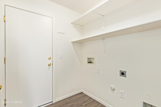 clothes washing area with hookup for a washing machine, hookup for a gas dryer, hookup for an electric dryer, and dark hardwood / wood-style floors