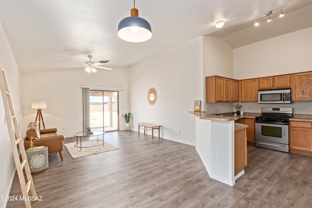 kitchen featuring dark wood-type flooring, kitchen peninsula, stainless steel appliances, vaulted ceiling, and ceiling fan