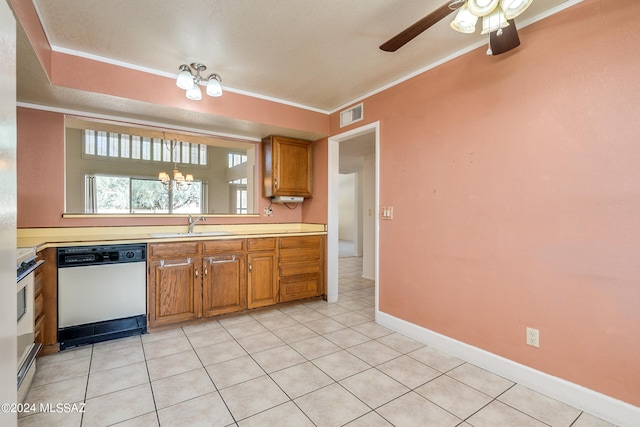 kitchen featuring stainless steel electric stove, crown molding, white dishwasher, and sink