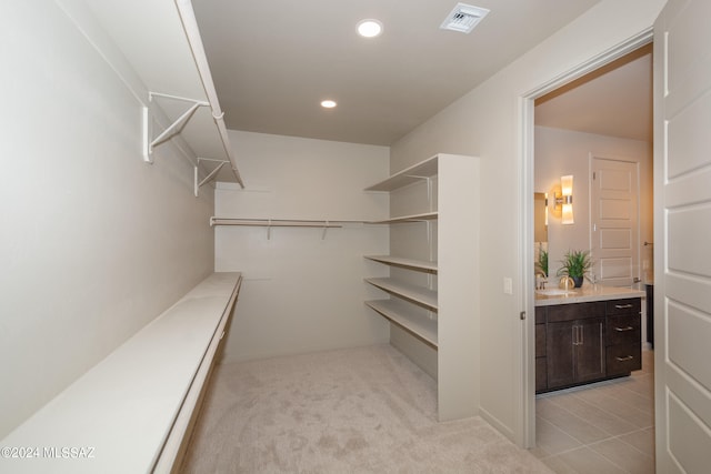 spacious closet with sink and light carpet