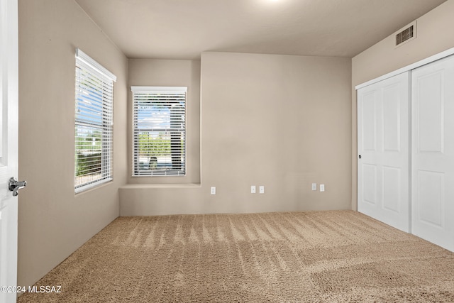 unfurnished bedroom featuring carpet flooring and a closet