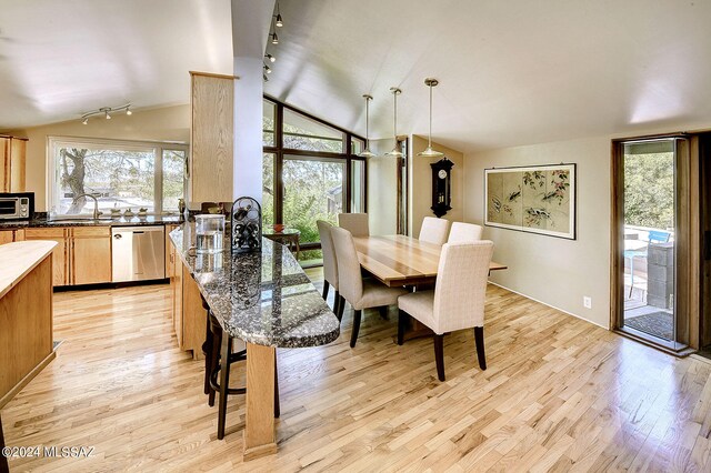 dining space featuring rail lighting, vaulted ceiling, a wealth of natural light, and light wood-type flooring