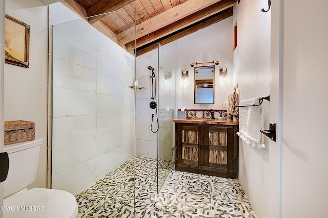 bathroom with wood ceiling, toilet, vaulted ceiling with beams, vanity, and an enclosed shower