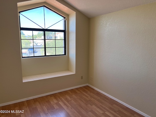 spare room with hardwood / wood-style flooring and lofted ceiling