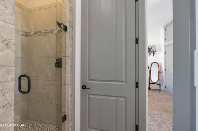 bathroom with a shower with door