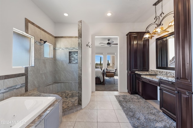 bathroom with vanity, ceiling fan, tile patterned floors, and separate shower and tub