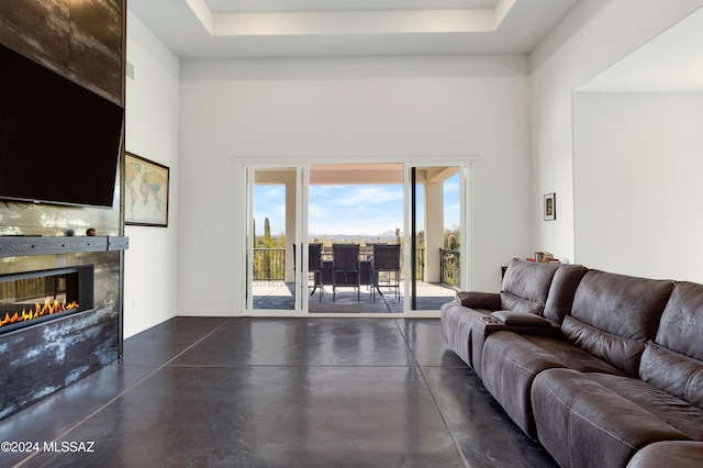 living room featuring a raised ceiling