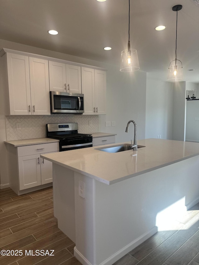 kitchen featuring a sink, decorative backsplash, wood finish floors, and stainless steel appliances