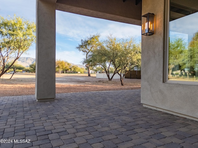 view of patio featuring a mountain view