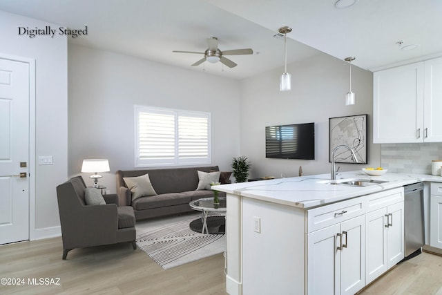 kitchen featuring dishwasher, light hardwood / wood-style flooring, and white cabinets