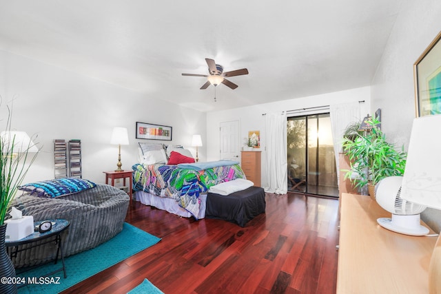 bedroom featuring ceiling fan, access to exterior, and hardwood / wood-style floors