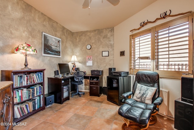 office area featuring ceiling fan and light tile patterned floors