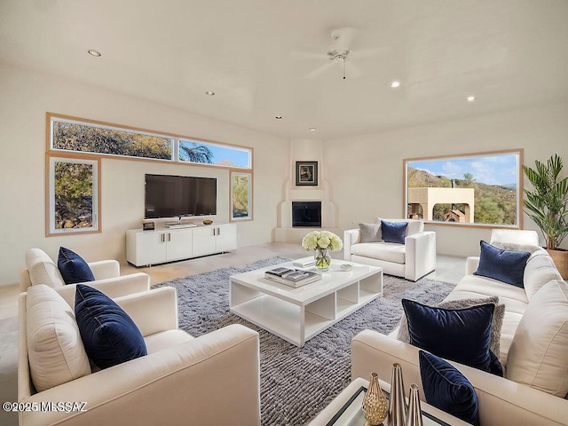 living room with ceiling fan