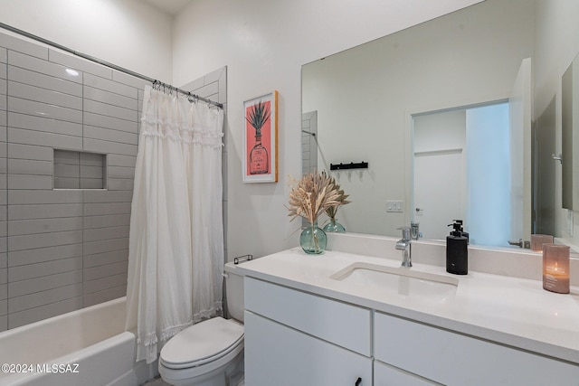 full bath featuring shower / bathtub combination with curtain, vanity, and toilet