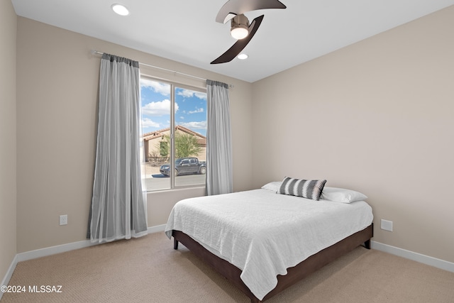 bedroom featuring carpet floors and ceiling fan