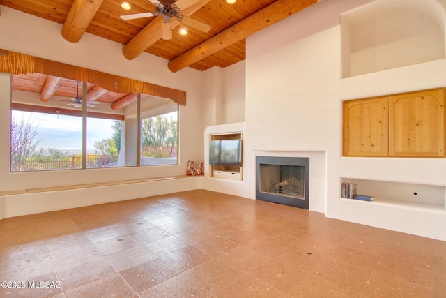 kitchen with beam ceiling, paneled fridge, light brown cabinetry, wooden ceiling, and a chandelier