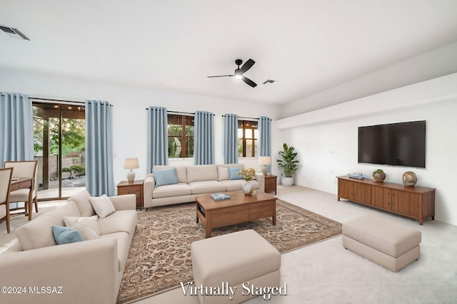 living room with ceiling fan