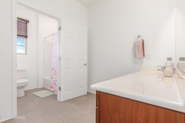 full bathroom with toilet, shower / bath combo, vanity, and tile patterned floors