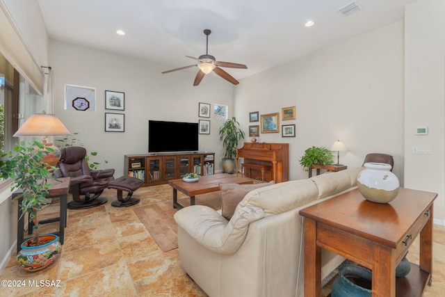 living room with ceiling fan