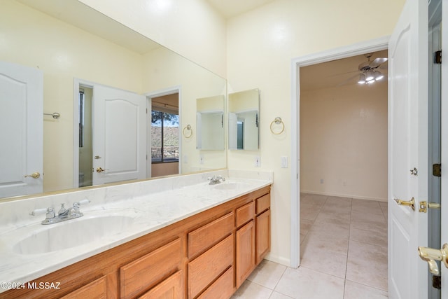 bathroom featuring tile patterned floors, ceiling fan, and vanity