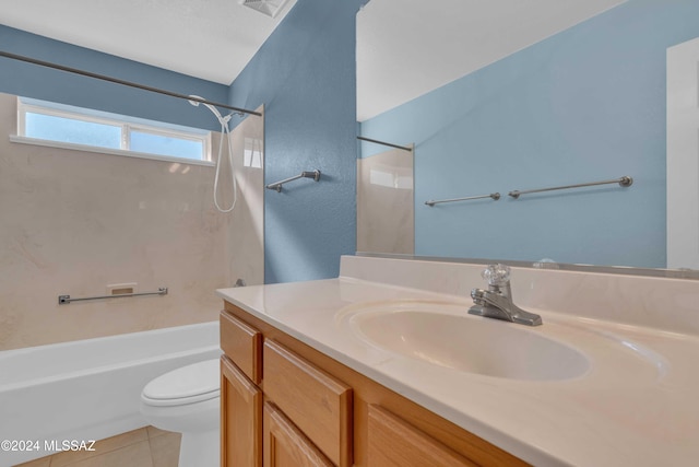 full bathroom featuring  shower combination, vanity, toilet, and tile patterned flooring