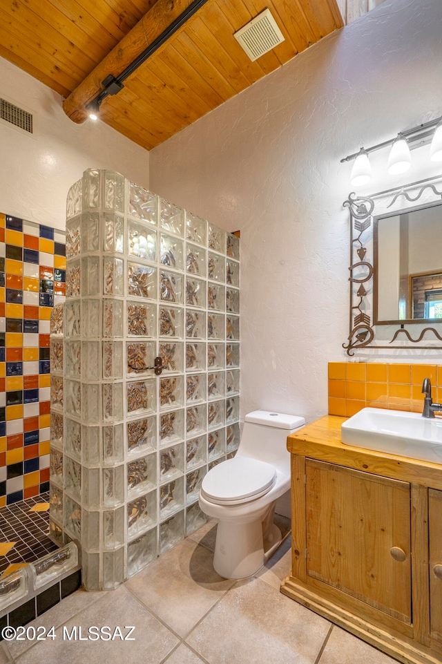 bathroom featuring wood ceiling, backsplash, a shower, toilet, and vanity