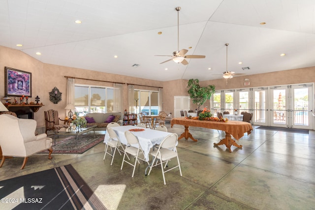 dining area featuring ceiling fan, plenty of natural light, and french doors