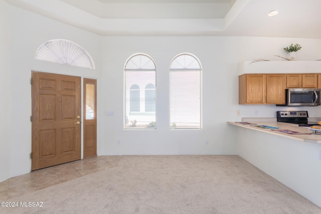 kitchen with appliances with stainless steel finishes and light colored carpet